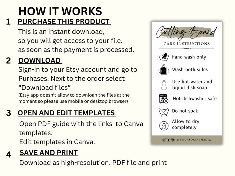 Ready To Print Cutting Board Care Card Template Printable Cutting Board Care Instructions Customizable Cutting Board Instructions Guide image 5