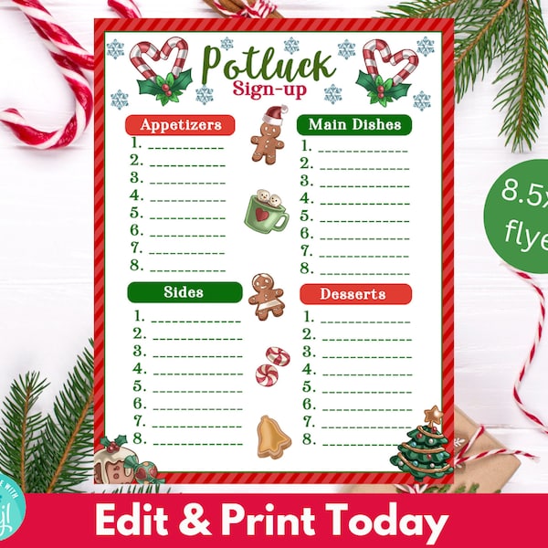 Bearbeitbarer Weihnachts-Potluck-Anmeldebogen, Feiertags-Potluck, Firmen-Potluck, Sofort-Download, festliche Holly-Feiertags-Potluck-Anmeldezeit