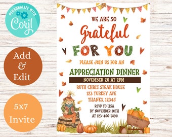 Fall Staff Event Flyer Appreciation Invitation Grateful For You Teacher Invitation Pumpkin Client Thank You Give Thanks EDITABLE Template