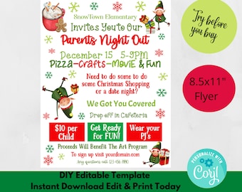 Christmas Parents Night Out Flyer Chirstmas Shopping Flyer School Church Flyer Poster Community Event Pto Pta Craft Day Party