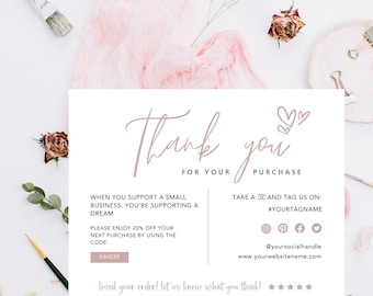 Boho Business Thank You Card Editable Modern Printable Pink Thanks For Your Purchase Card Small Business Package Insert Card Customizable