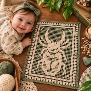 May include: A rectangular crochet piece featuring a cream-colored beetle motif centered on a dark green background with a checkered border. The design is crafted using a grid-like stitch pattern, creating a clear, geometric representation of the insect.