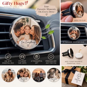 May include: A circular car air freshener vent clip featuring a customisable photo insert. The silver-toned metal housing holds a round image of a family with the text Our Everything. Includes a dropper for essential oils and gift packaging.