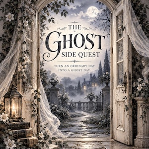 Könnte beinhalten: Ein dekorativer Druck mit einer offenen Tür, die auf einen nebligen Garten mit einem entfernten Herrenhaus unter einem Vollmond blickt. Der Text lautet THE GHOST SIDE QUEST und TURN AN ORDINARY DAY INTO A GHOST DAY. Eine Laterne steht auf Büchern.