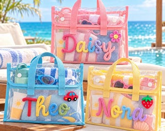 Transparente Strandtasche für Kinder, personalisierte PVC-Pooltasche, Strandspielzeug-Organizer mit individuellem Namen