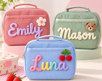 Personalisierte Lunchtasche für Kinder, handgefertigt aus Cord, isoliert, ideal als Geschenk für Kindergartenkinder