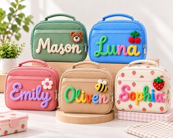 Lancheira infantil personalizada com nome, lancheira fofa de veludo cotelê, presente artesanal para meninas e meninos, aniversário, volta às aulas.