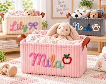 Panier de rangement personnalisé pour bébé, panier avec prénom, organisateur de chambre d'enfant en velours côtelé, cadeau de naissance, panier à jouets tricoté avec prénom