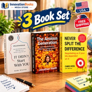 May include: A three-book set featuring It Didn't Start With You by Mark Wolynn, The Anxious Generation by Jonathan Haidt, and Never Split The Difference by Chris Voss. The books are displayed upright on a wooden surface with a pen and notepad.