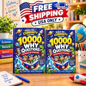 May include: Two identical hardback books titled 10000 WHY QUESTIONS Build Big Curiosity for Kids. The dark blue covers feature colourful illustrations of children, a rocket, a dinosaur, a dog, and a microscope with text about science.