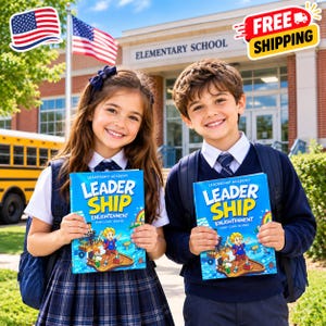 May include: Two children in school uniforms stand in front of an elementary school, each holding a blue book titled Leadership Academy Leader Ship Enlightenment Funny Comic Reading, featuring a cartoon illustration of a child on a boat.