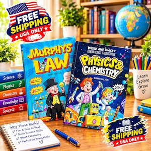 May include: Two hardcover books titled Murphy's Law and Physics & Chemistry by Doris Walton, featuring colorful cartoon illustrations of scientists and laboratory equipment, displayed alongside a stack of colorful books and a notebook with text.