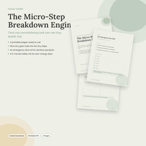 Può includere: Un documento stampabile di quattro pagine intitolato Focus Toolkit The Micro-Step Breakdown Engine. Le pagine presentano elenchi per suddividere i compiti, una sezione per il lancio di dadi di emergenza e una rete di sicurezza.