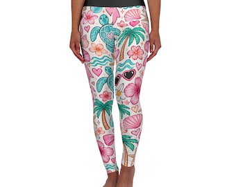 Leggings de talle alto con estampado de tortugas marinas tropicales / Palmeras, conchas y corazones