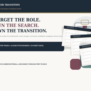May include: A digital career transition command center featuring the text TARGET THE ROLE. RUN THE SEARCH. OWN THE TRANSITION. Includes 139 PDF pages, 16 executive boards, and a 24-sheet Excel file, displayed with white document templates on a cream background.