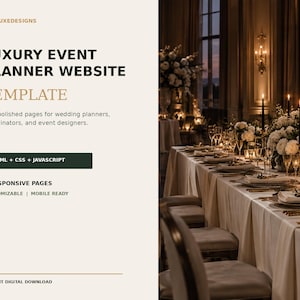 Puede incluir: Una plantilla de sitio web digital para organizadores de eventos con el texto OPHLUXEDESIGNS, LUXURY EVENT PLANNER WEBSITE TEMPLATE, Five polished pages for wedding planners, coordinators, and event designers, HTML + CSS + JAVASCRIPT, 5 RESPONSIVE PAGES, CUSTOMIZABLE | MOBILE READY, INSTANT DIGITAL DOWNLOAD, y una fotografía de una mesa de comedor formal con manteles blancos, arreglos florales y velas.