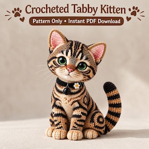 かぎ針編みの猫のぬいぐるみパターン、トラ猫の子猫、あみぐるみの子猫、かわいい猫のかぎ針編みデジタルPDFダウンロード
