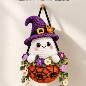 Haakpatroon voor een spookpompoen bloempot. Leuke gehaakte spookpot voor Halloween. Digitale PDF-download.