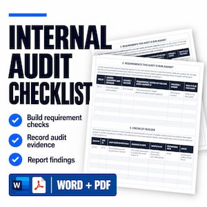 May include: An internal audit checklist document template featuring sections for requirements and checklist building. The text includes 'INTERNAL AUDIT CHECKLIST', 'Build requirement checks', 'Record audit evidence', 'Report findings', and 'WORD + PDF'.