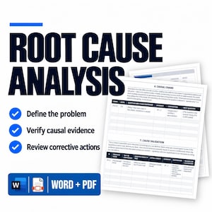 Op de afbeelding: Een document getiteld Root Cause Analysis met secties voor Causal Chains en Cause Validation. De pagina bevat een lijst met stappen: Define the problem, Verify causal evidence en Review corrective actions. Inclusief Word- en PDF-pictogrammen.