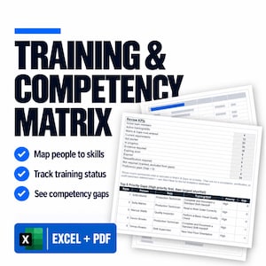 May include: A Training & Competency Matrix document template featuring the text Map people to skills, Track training status, and See competency gaps. The document includes an Excel and PDF icon, Review KPIs table, and a Top 5 Priority Gaps table.