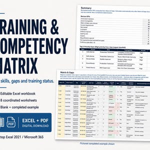 May include: A digital Training & Competency Matrix template for Excel and PDF. The document features a summary table of review KPIs, a top 5 priority gaps list, and a detailed matrix showing person IDs, roles, skills, and training status.