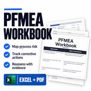 May include: A PFMEA Workbook document featuring a table with columns for Failure Mode and Effect/Consequence. The text includes Map process risk, Track corrective actions, Reassess with evidence, and EXCEL + PDF labels in blue and white.