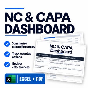 May include: An NC & CAPA Dashboard template featuring a table with columns for Defect Category and Nonconformance Description. It includes bullet points for summarising nonconformances, tracking overdue actions, and reviewing effectiveness, with Excel and PDF icons.