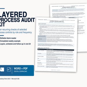 Pode incluir: Um kit de auditoria de processos em camadas para download digital, incluindo um modelo em branco e um exemplo semanal preenchido. Os documentos contêm instruções, definições e tabelas de controle. Compatível com Microsoft Word e PDF.