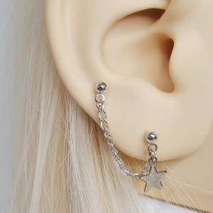 Star Chain Double Piercings Earring, Two Piercing Double Lobe Earrings, Minimalist Star Stud Dangle Earrings, Multiple Piercing Jewelry Set