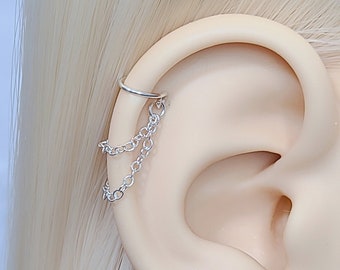 Fake Double Chain Cartilage Helix Ear Cuff Earring Fake Clip On Faux Cuff Conch Earring Dainty Chain - Sterling Silver/14K Gold Filled