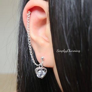 Heart Cartilage Chain Earring, Chain Double Stud Lobe To Cartilage Helix Earring, Stud Or Cuff For Cartilage, Multiple Piercings Chain Heart