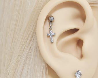 Stainless Steel Helix Earring With Dangling Cross Charm - Silver Tone Ball Stud Piercing Jewelry