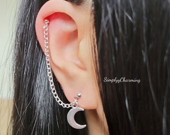 Crescent Moon Cartilage Chain Earrings Chain Double Stud Lobe To Cartilage Helix Ear Cuff Fake Or Real Cartilage Piercing, Little Moon