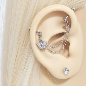 Butterfly Industrial Earring, Dangly Butterfly Industrial Chain Earrings, Industrial Chain Barbells, 316L Surgical Steel 16G Barbell Jewelry