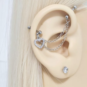 Heart Industrial Barbell Earring, Heart Industrial Chain Earrings, Heart Chain Helix Cartilage Barbell, 316L Surgical Steel 16G Barbell