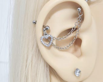 Heart Industrial Barbell Earring, Heart Industrial Chain Earrings, Heart Chain Helix Cartilage Barbell, 316L Surgical Steel 16G Barbell