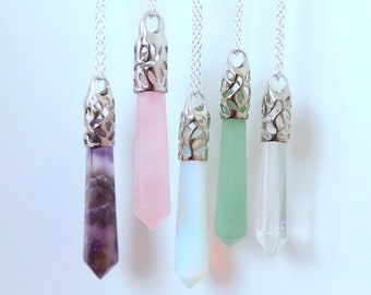 Crystal Gemstone Point Necklace Pendant Amethyst Rose Quartz Opalit  Green Aventurine Clear Quartz Natural Real Crystal Stone Silver Jewelry