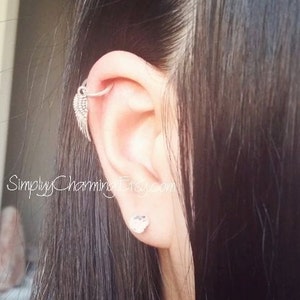 Angel Wing Cartilage Hoop Earring, Helix Hoop Conch, Dangle Cartilage Earring Hoop, Ear Cuff, Silver Feather Leaf Charm - 18 Gauge Hoop