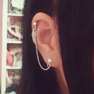 Tiny Angel Wing Cartilage Chain Earring Double Lobe To Cartilage Helix, Double Piercing Ear Cuff Or Real Cartilage Piercing, Angel Wing