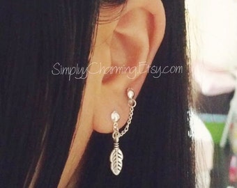 Double Lobe Chain Earring, Tiny Leaf Multiple Piercings Chain Earring, Double Piercing Stud Small Leaf Feather Charm Cute Dangle Jewelry