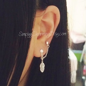 Doppel Lobe Ketten Ohrring, kleine Blatt mehrere Piercings Kette Ohrring, Doppel Piercing Bolzen kleine Blatt Feder Charme niedlichen baumeln Schmuck