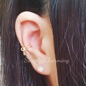 Faux noeud papillon ruban cartilage hélice conque boucle d'oreille faux clip sur les bijoux de corps petit noeud enveloppé dans du fil - argent sterling/or 14 carats