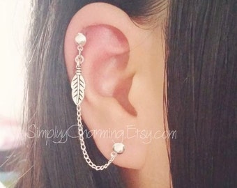 Tiny Leaf Cartilage Chain Earring Double Lobe Helix Ear Cuff, Double Piercing Stud Earring Lobe To Cartilage Chain, Small Leaf Feather Charm