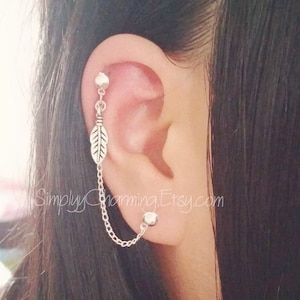 Tiny Leaf Cartilage Chain Earring Double Lobe Helix Ear Cuff, Double Piercing Stud Earring Lobe To Cartilage Chain, Small Leaf Feather Charm