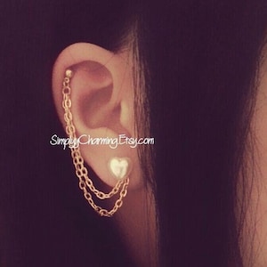 Pearl Heart Cartilage Chain Earrings Double Lobe Helix Ear Cuff Double Chain Multiple Piercing Studs Jewelry