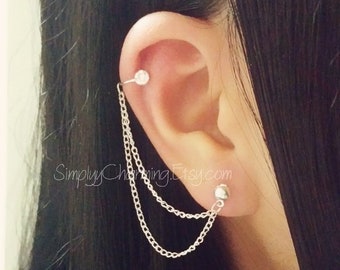 Rhinestone Cubic Zirconia Ear Cuff Cartilage Chain Earring, Non Pierced Cartilage Helix Ear Cuff Clip On Earring Jewelry Single Double Chain