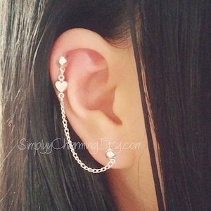 Pendientes de cadena con forma de corazón para cartílago y hélice, con doble perforación, para múltiples perforaciones del lóbulo al cartílago y dos agujeros.