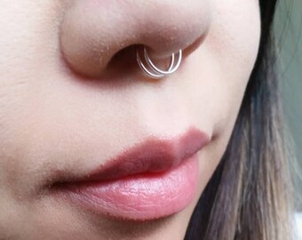 Fake Double Hoop Septum Nose Ring Faux False Jewelry Clip On No Piercing - Sterling Silver/14K Gold Filled