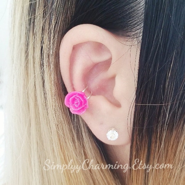 Rose Ear Cuff Fake Conch Cartilage Helix Earring Fake Clip On Earring Flower Rose Charm Silver Body Jewelry